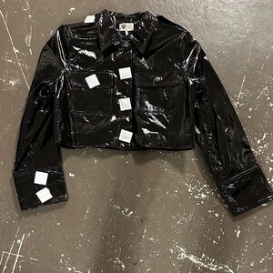 Cropped Black Patent Button-Up Jacket